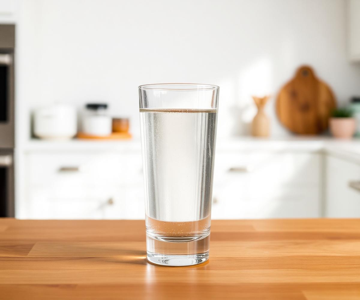 Clear glass of filtered water on a kitchen counter