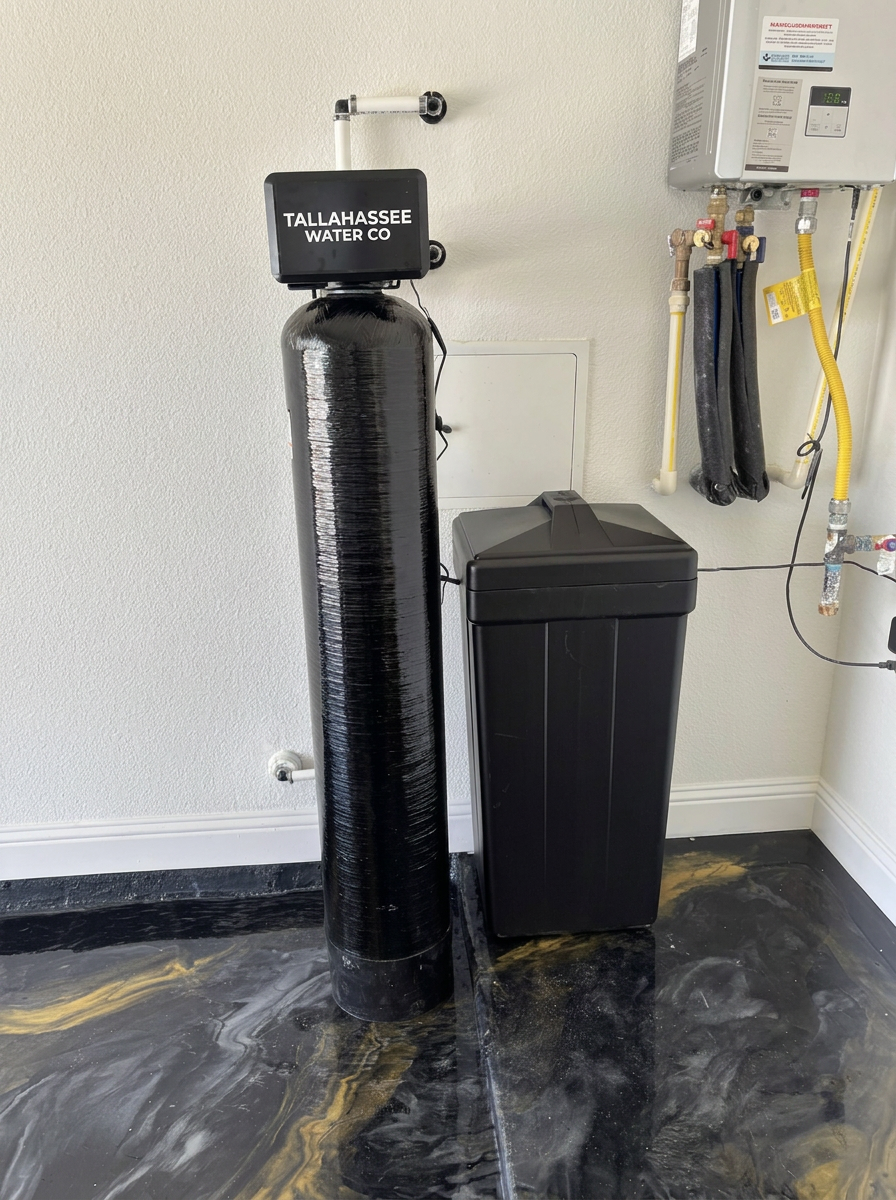 Whole-home water filtration and softening system installed in a Tallahassee home
